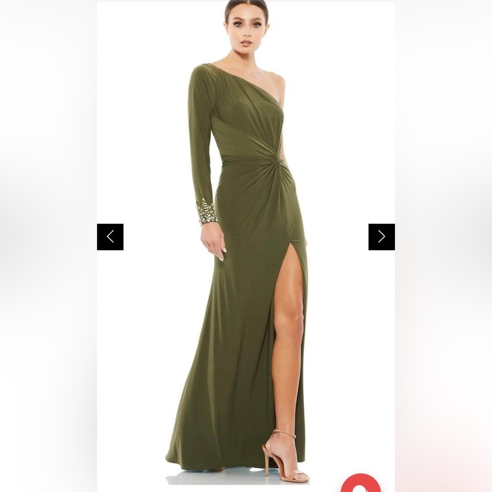 NWT Mac Duggal One Sleeve Beaded Cuff Side Twist Olive Gown Size 16